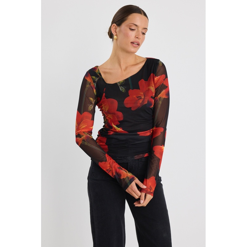 Askew Red Floral Mesh Asymmetrical LS Top