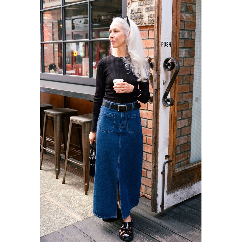 Assume Indigo Pocket Front Denim Maxi Skirt