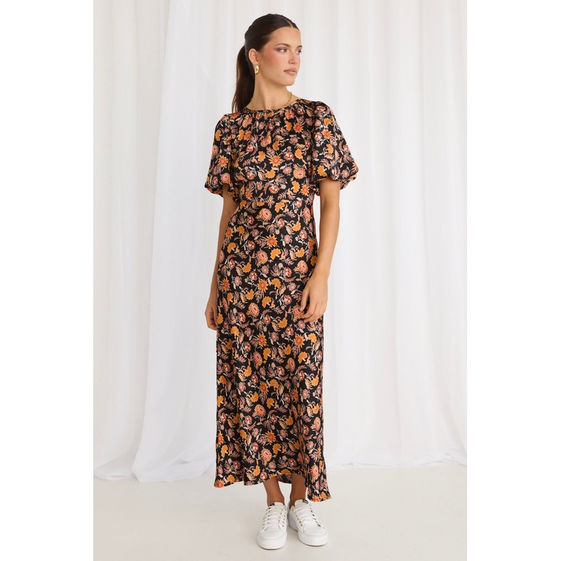 Astrid Black Floral Satin Puff Sleeve Bias Maxi Dress