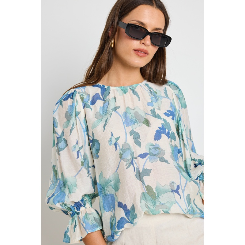 Candid Blue Cream Floral Frill Sleeve Crew Neck SS Top