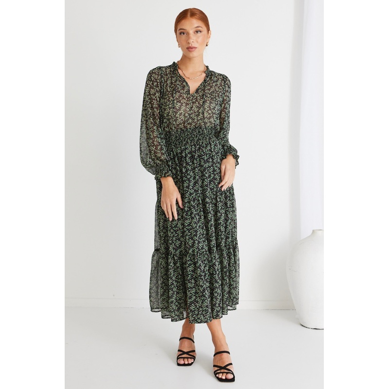 Charlie Green Ditsy LS V Neck Tiered Midi Dress