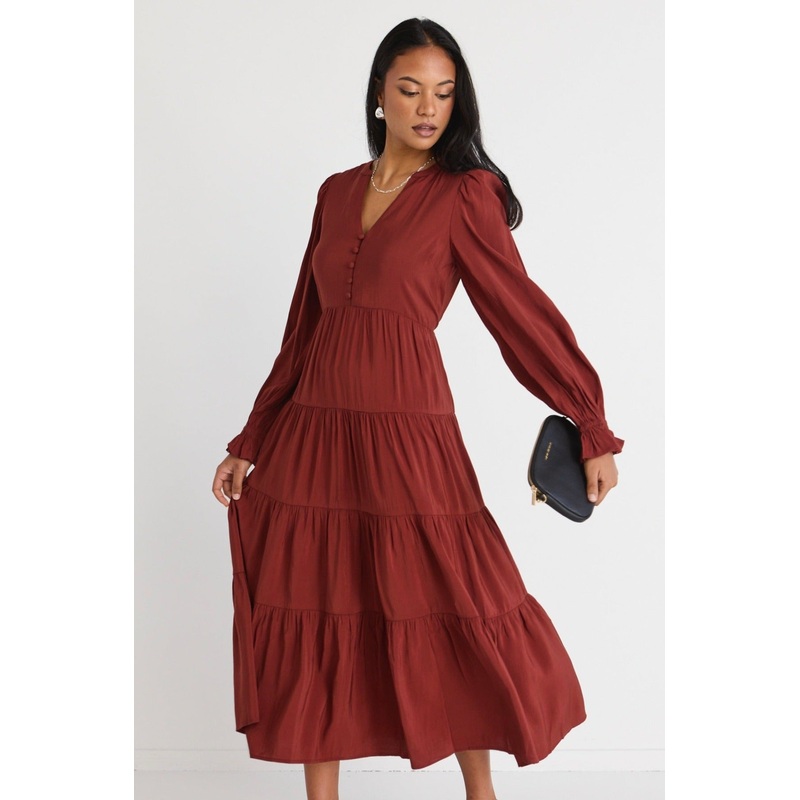 Compelling Copper LS Button Front Tiered Maxi Dress