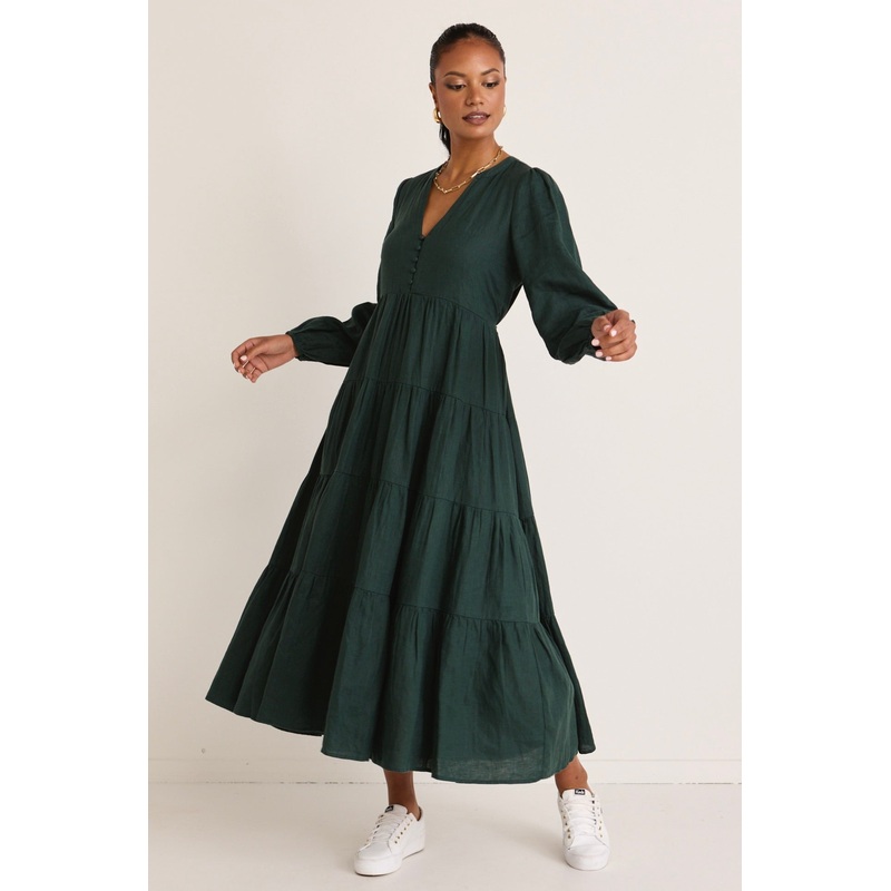 Compelling Dark Forest Linen LS Button Front Tiered Maxi Dress
