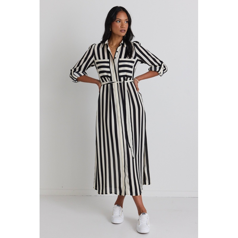 Cyprus Black and White Stripe LS Shirt Midi Dress