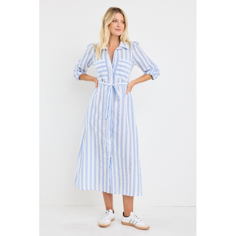 Cyprus Blue Stripe LS Shirt Midi Dress