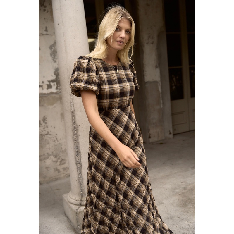 Encore Caramel Check SS Bias Maxi Dress