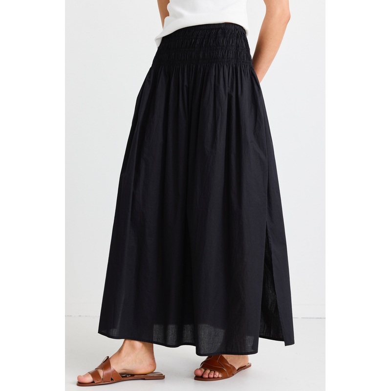 Finch Black Cotton Shirred Waist Maxi Skirt