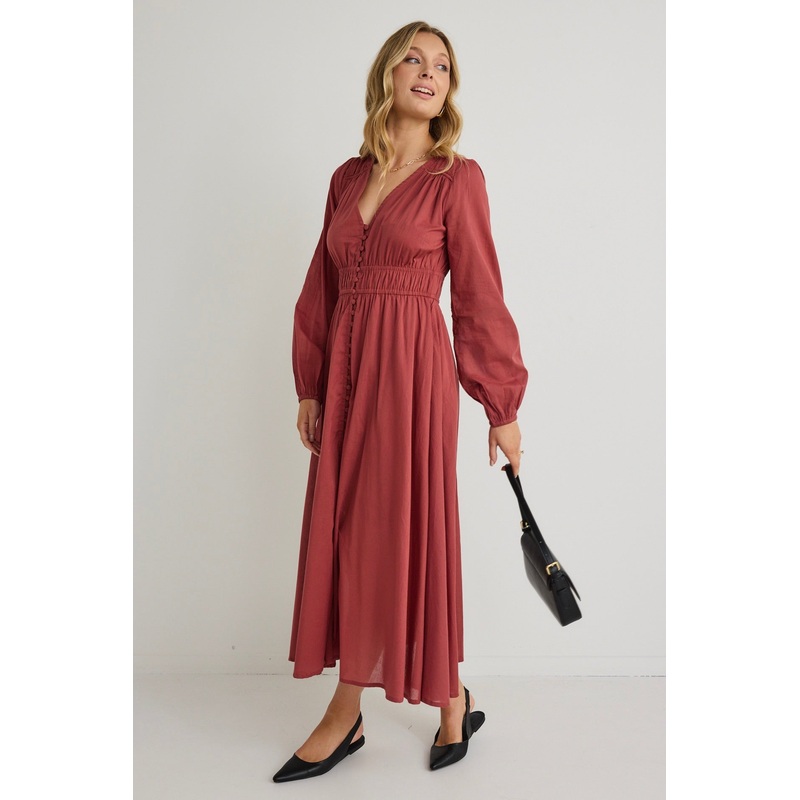Gala Clay LS Button Front Tiered Maxi Dress