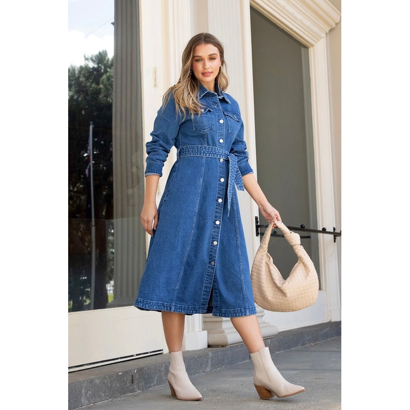 Genevieve Mid Blue LS Denim Midi Dress
