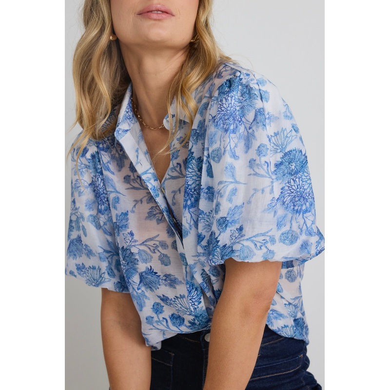 Harmony Blue Floral Bubble Sleeve Shirt