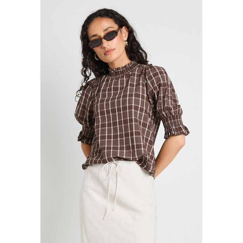 Influential Chocolate Check High Neck SS Top
