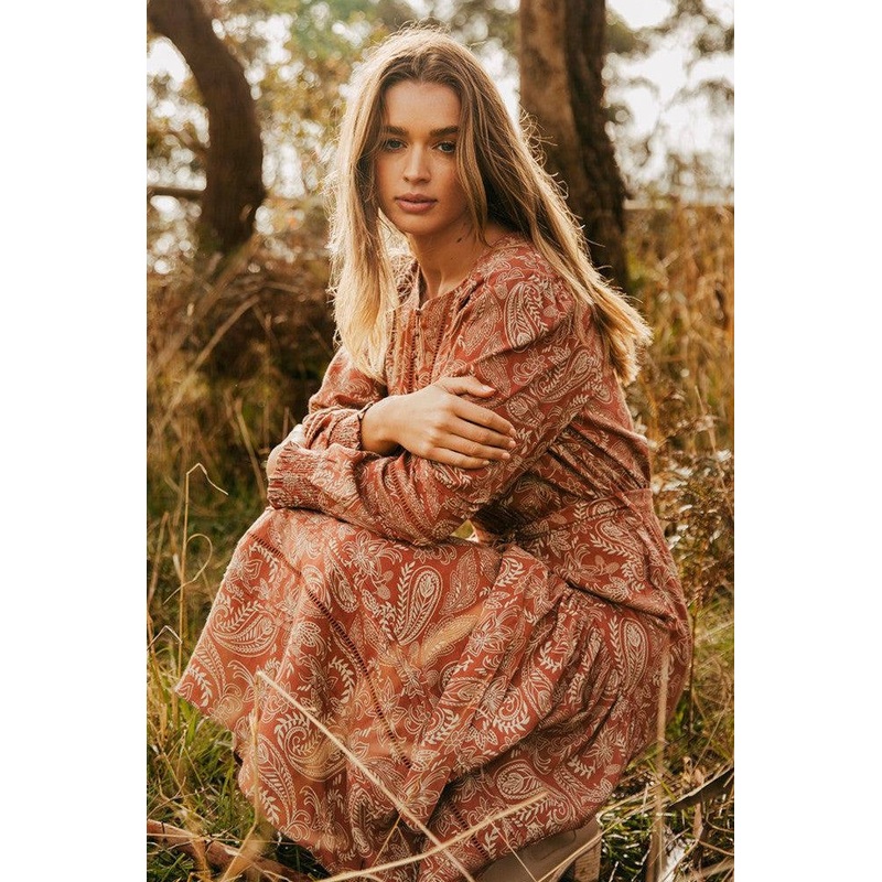 Juliette Rust Paisley LS Midi Dress