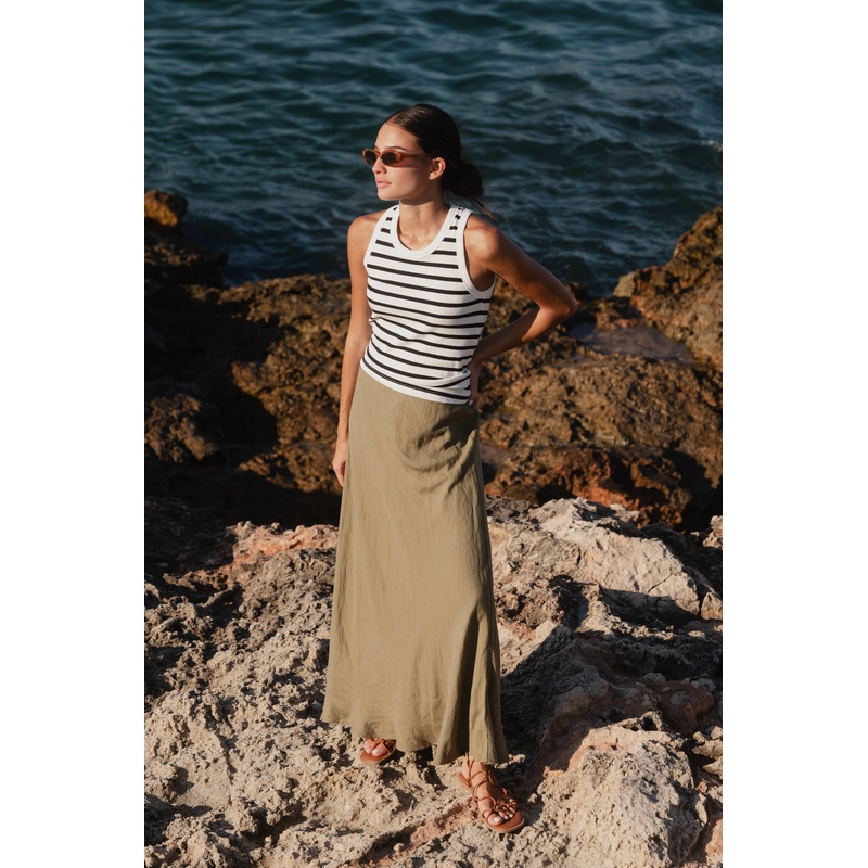 Lagos Soft Khaki Linen Blend Bias Cut Maxi Skirt