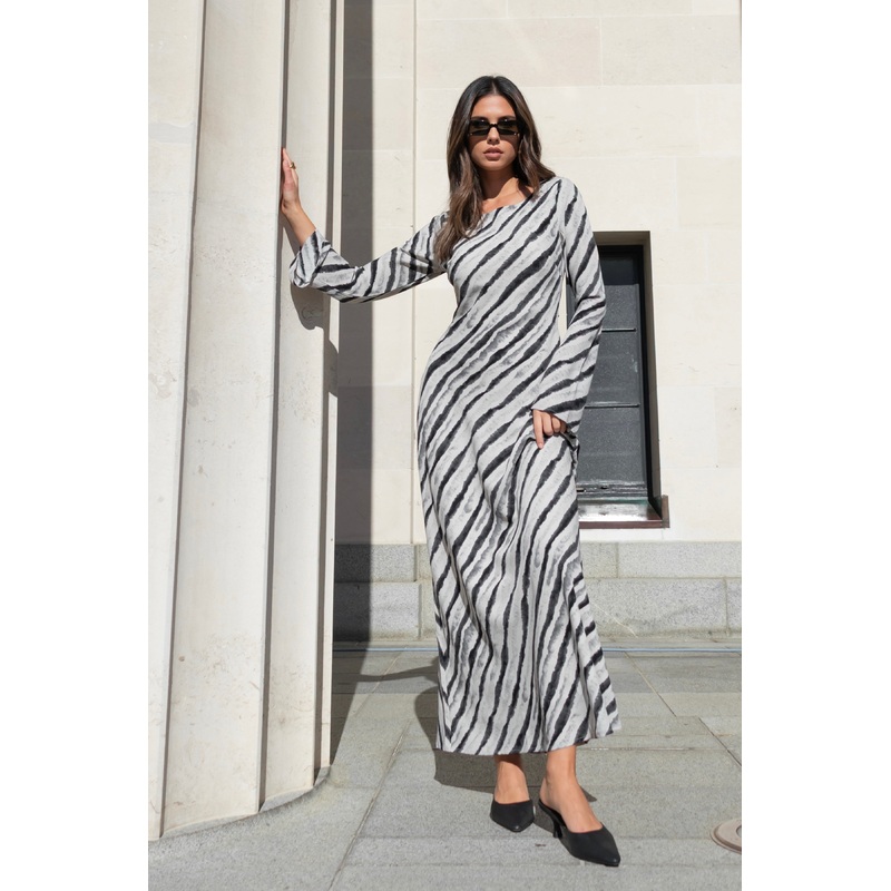 Luminous Charcoal Irregular Stripe Fluted Sleeve Bias Maxi Dress