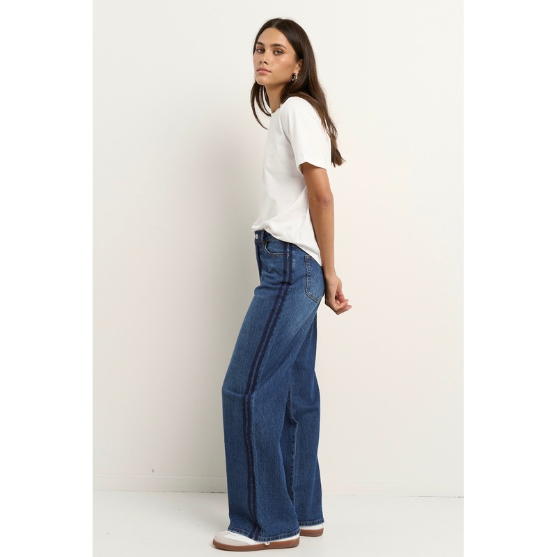 Manhattan Mid Blue Mid Rise Side Stripe Wide Leg Jean