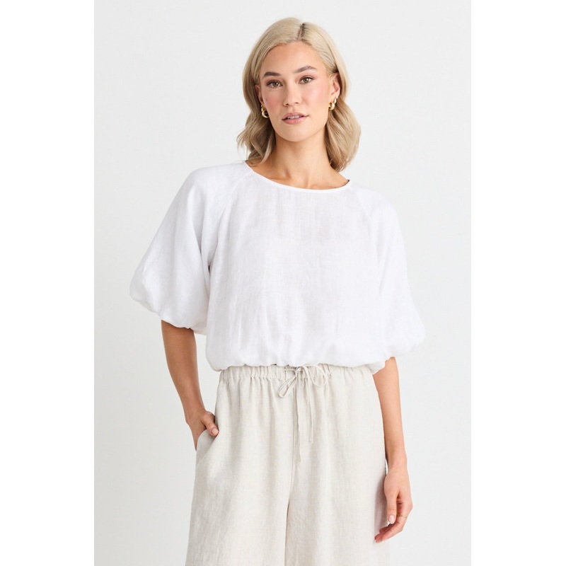 Matty White Linen Bubble Short Sleeve Top