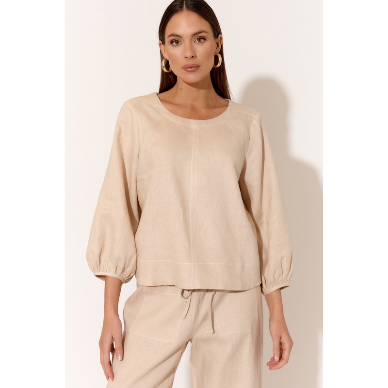 Mia Camel Contrast Stitch Linen Top