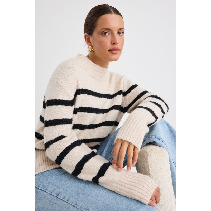 Monogram Oat Black Stripe Funnel Neck Jumper