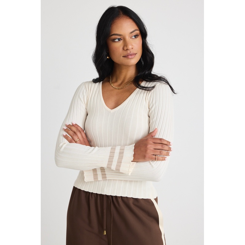 Nico Taupe Stripe LS V Neck Rib Knit Top