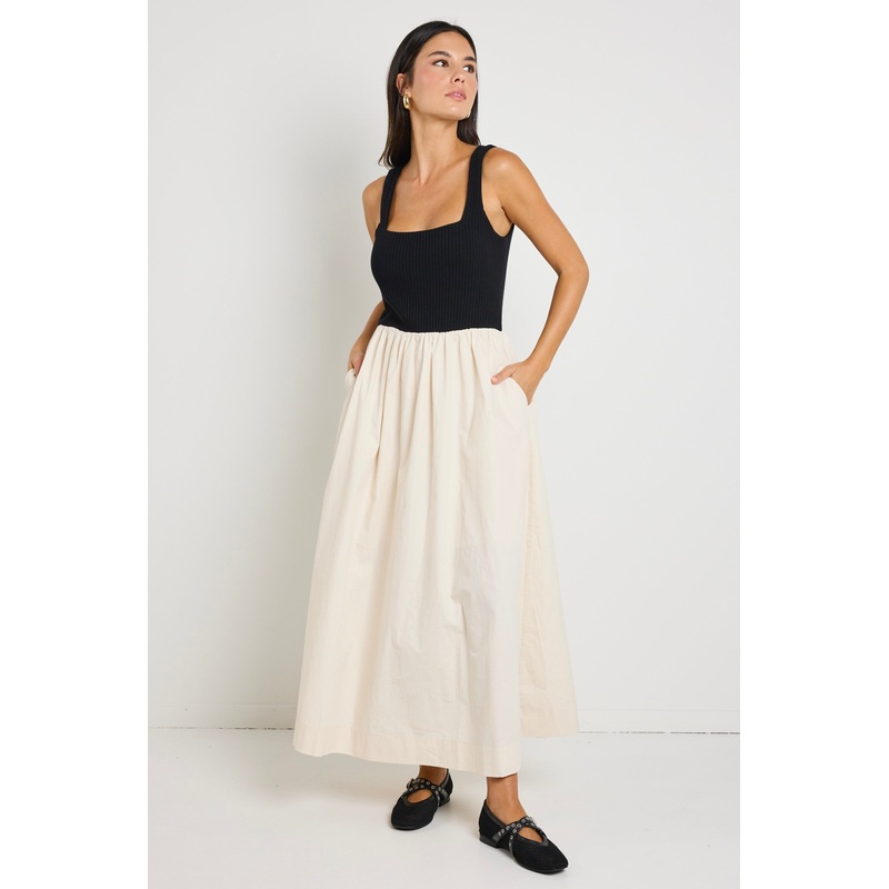 Obsidian Black and Ecru Square Neck Contrast Midi Dress