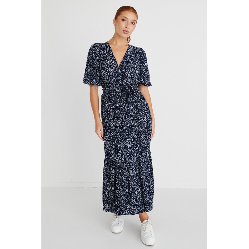 Ocean Navy Leaves SS Wrap Maxi Dress
