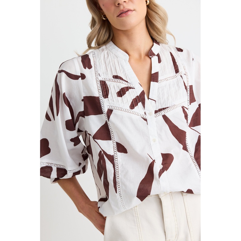 Ornamental Chocolate Leaves Lace Insert Pintuck SS Shirt