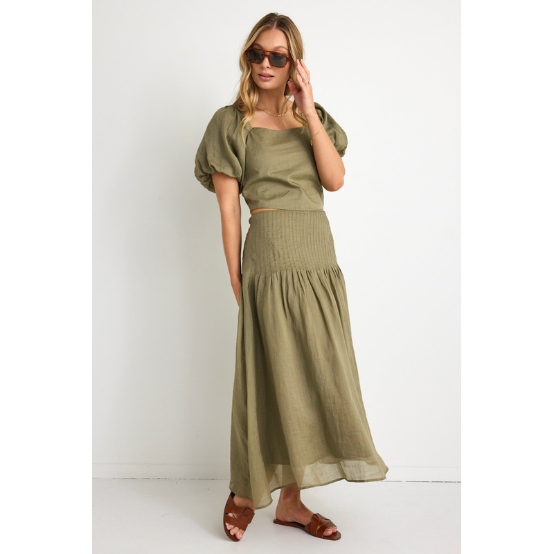 Pepe Khaki Linen Pintuck Waist Tiered Midi Skirt
