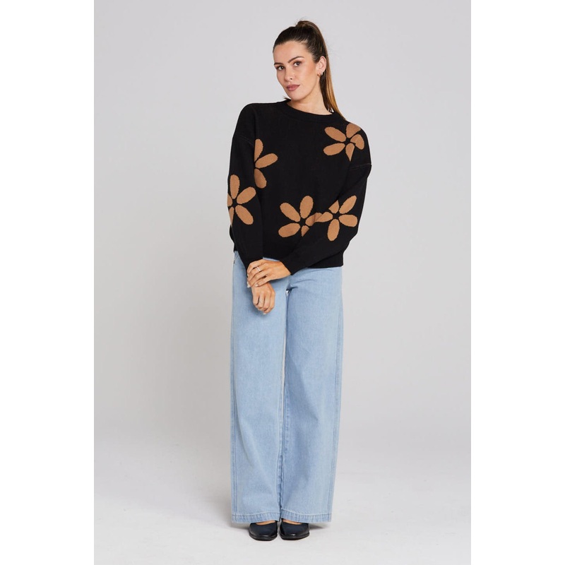 Petal Black Natural Floral Knit Jumper
