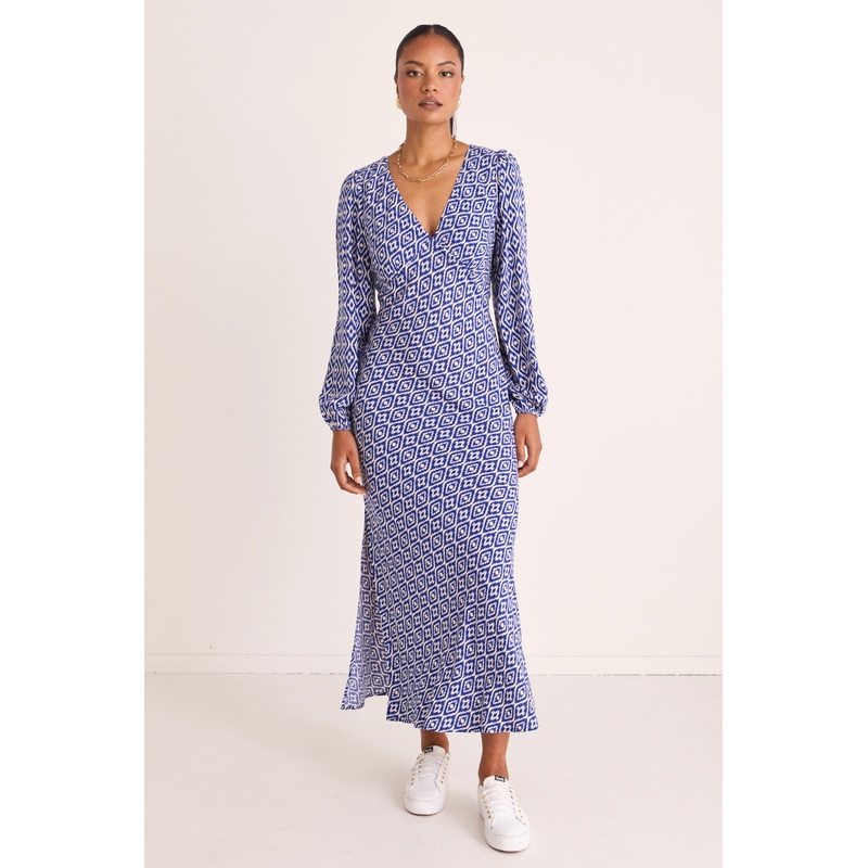 Phoenix Electric Blue Batik LS Bias Midi Dress