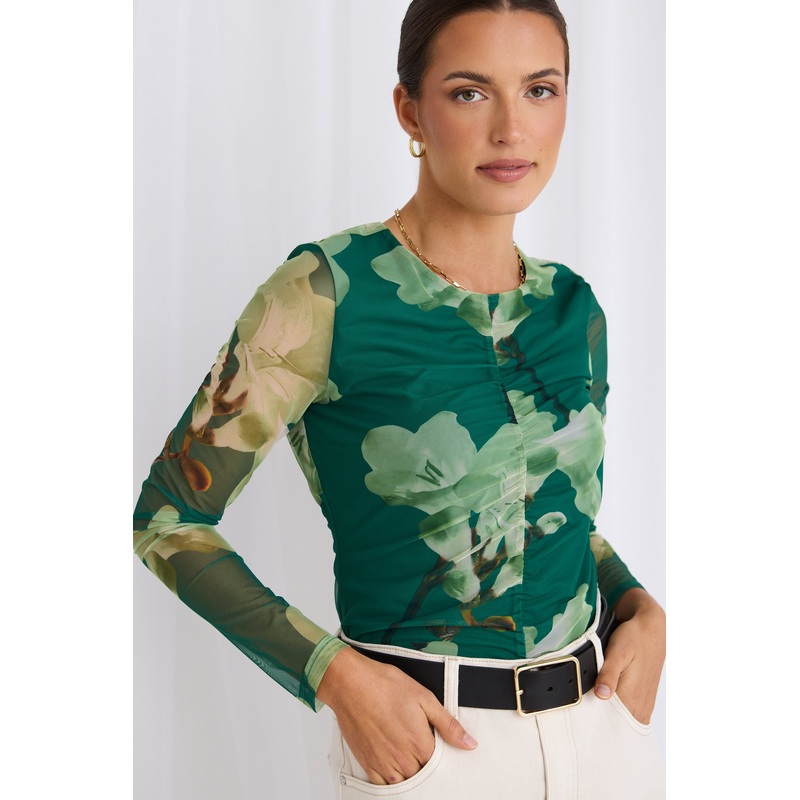 Prism Green Smudge Mesh Gathered Front LS Top