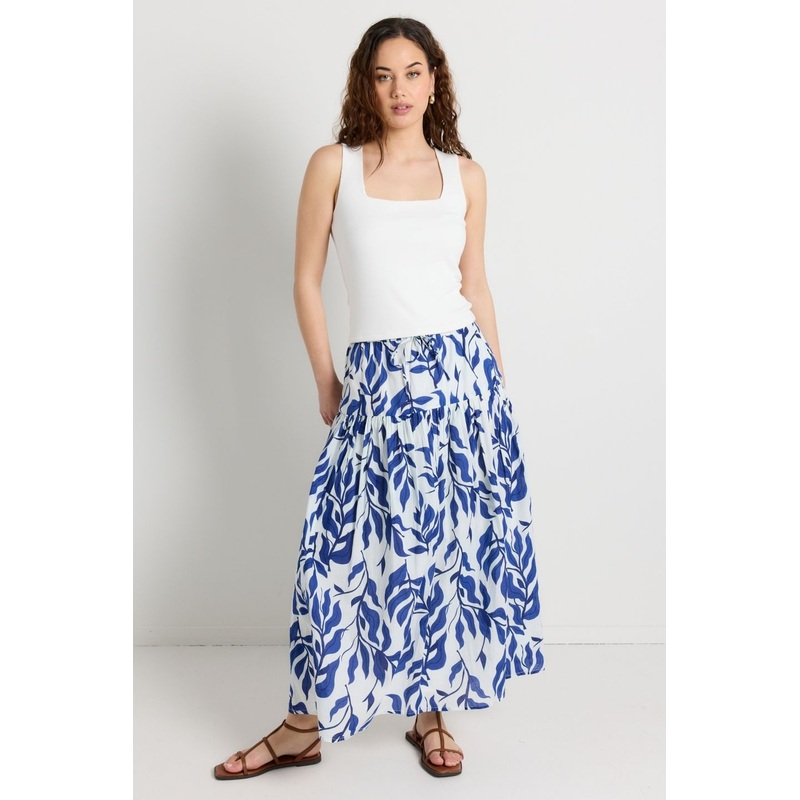 Remedy Blue Leaves Print Tie Waist Tiered Maxi Skirt