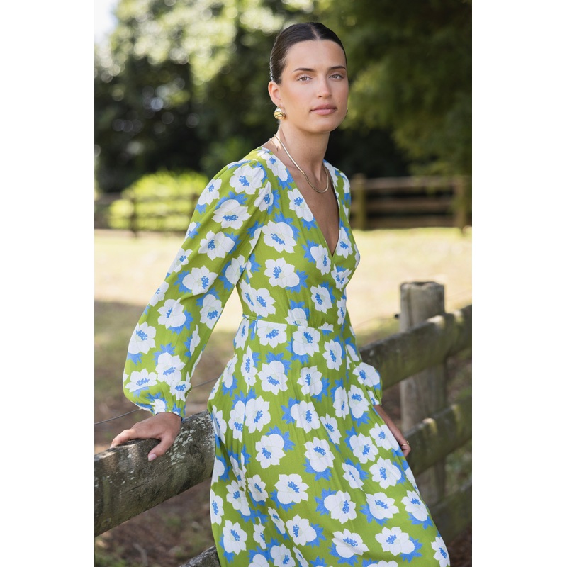 Resonance Green Flower LS Wrap Maxi Dress
