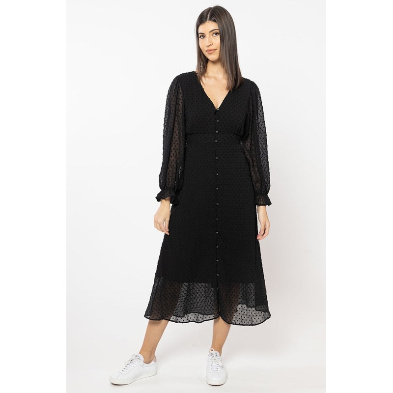 Sincere Black Dobby Button Front LS Midi Dress