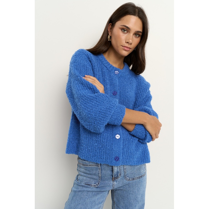 Teddy Cobalt Blue Chunky Crewneck Boucle Knit Cardigan