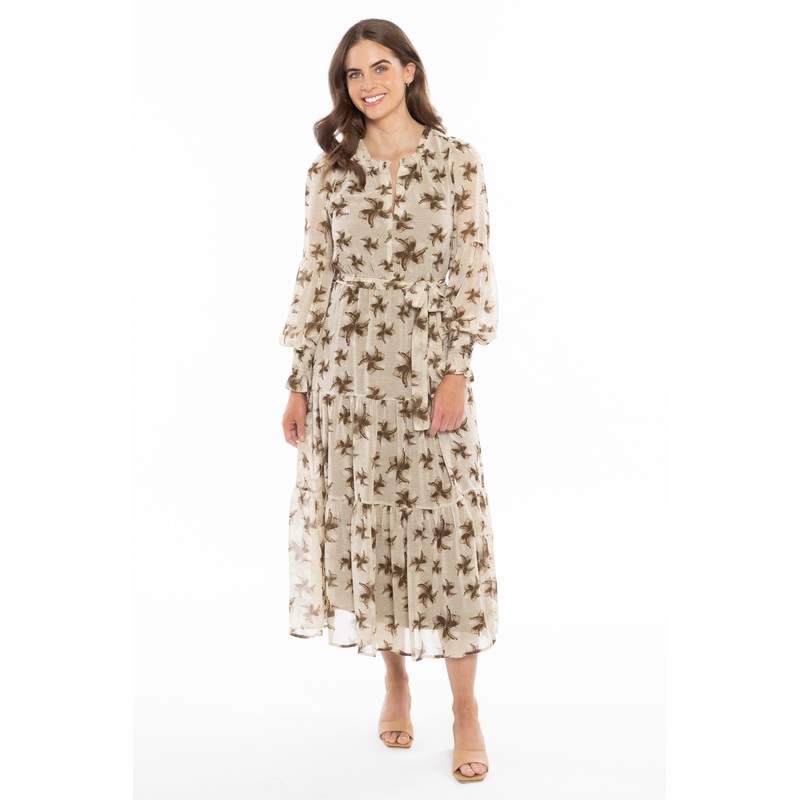 Traverse Cream Cocoa Floral LS Waist Tie Maxi