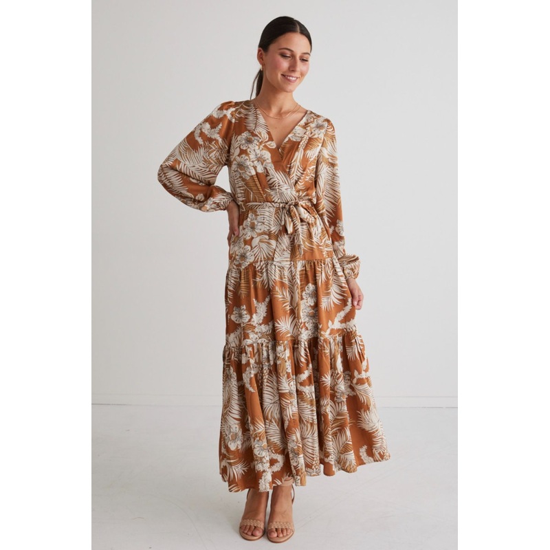 Twilight Rust Floral LS Tiered Maxi Dress
