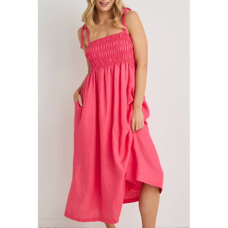 Vacation Fuchsia Strappy Shirred Midi Dress