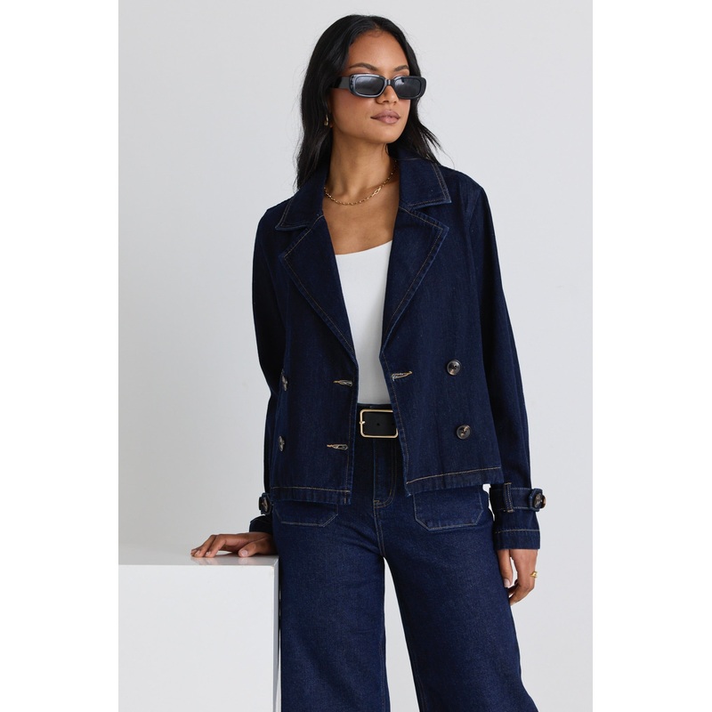 Western Indigo Cropped Denim Trench Coat