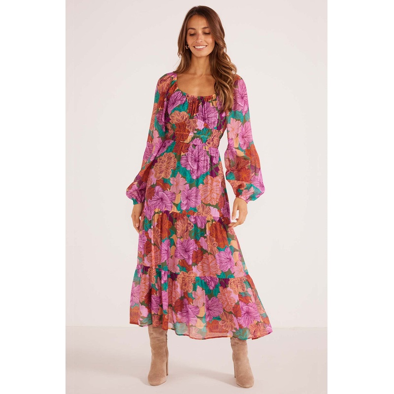 Zora Purple Fall Floral Tiered Midi Dress