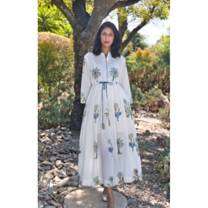 Aleha White Palm Waist Tie Midi Dress
