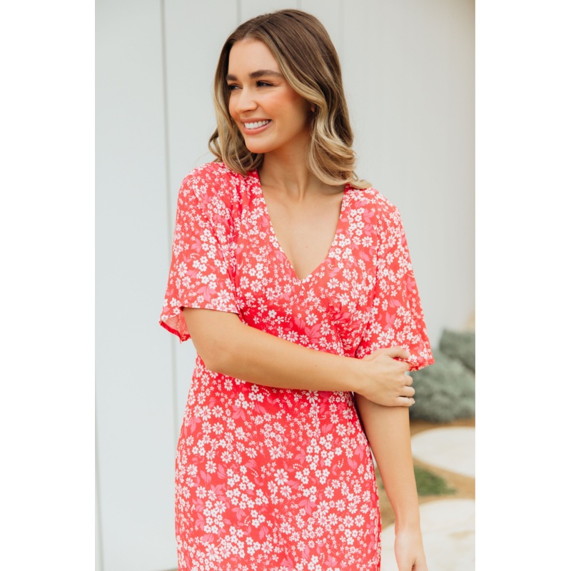 Ankara Red Floral Print Midi Dress