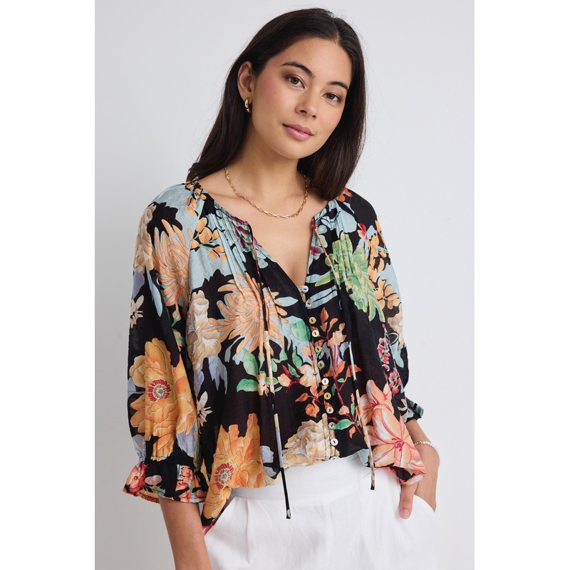 Antic Tropical Black Button Front Blouse
