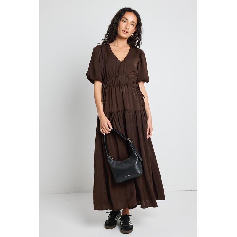 Aphrodite Espresso Hammered Satin SS V Neck Midi Dress