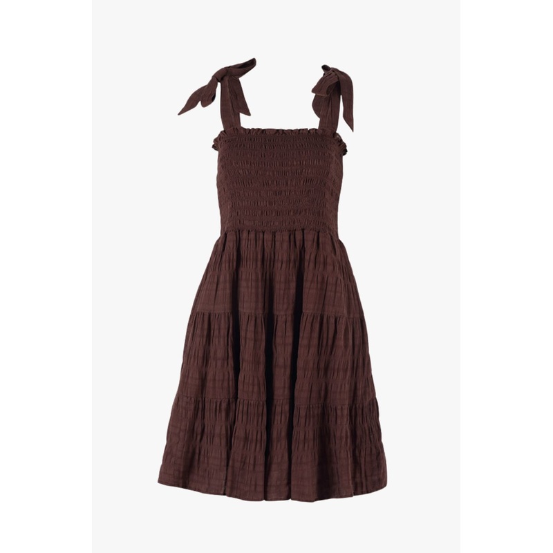 Arabella Chocolate Shirred Cotton Tie Strappy Mini Dress