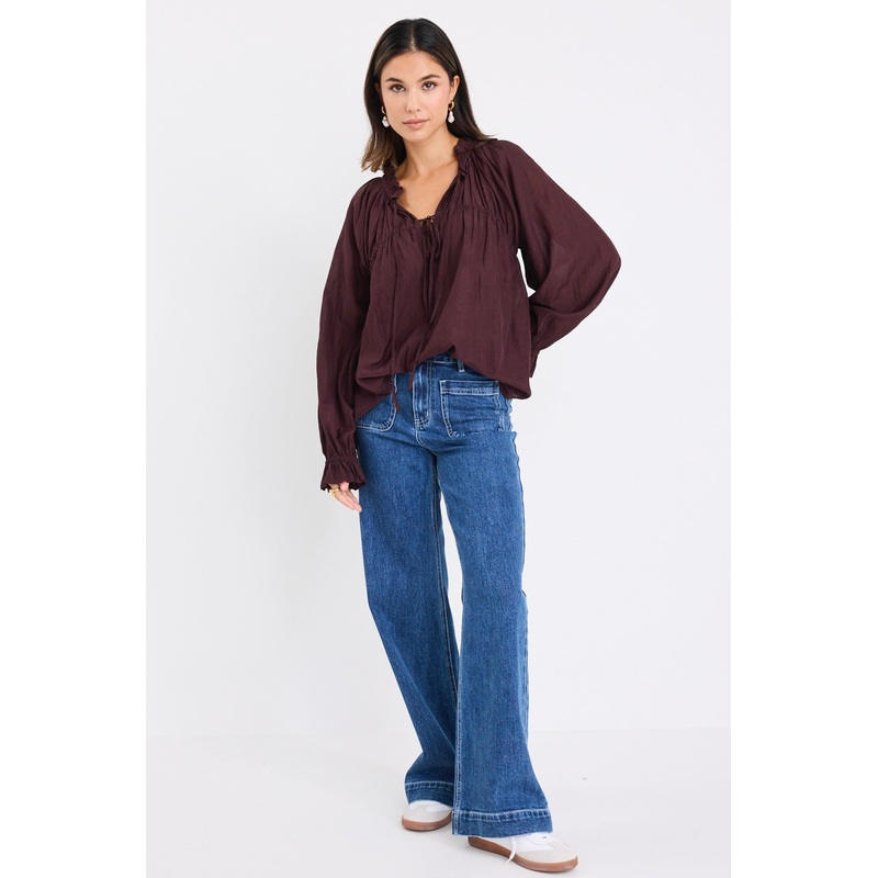 Artist Chocolate Voile LS Tie Front Relaxed Gathered Top