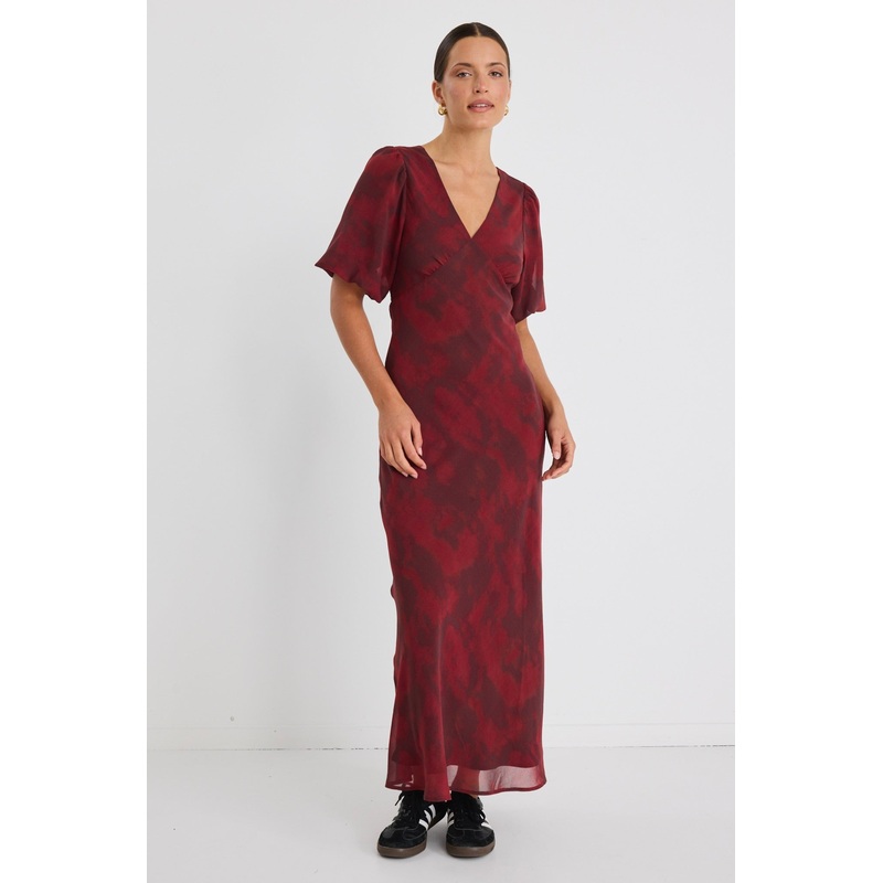 Aura Plum Smudge SS Bias Midi Dress
