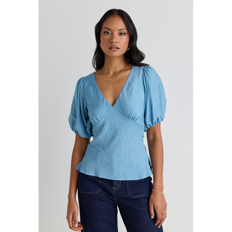 Basis Duck Egg Textured V Neck SS Top
