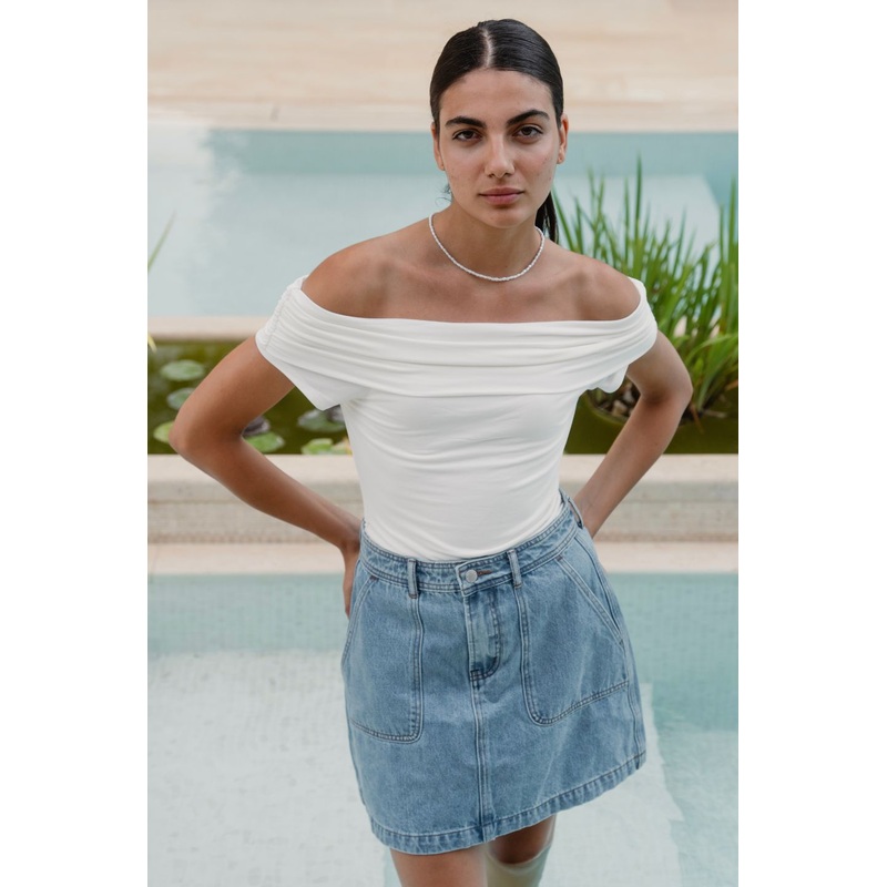 Beatnik Ivory Stretchy Bardot Off Shoulder Top