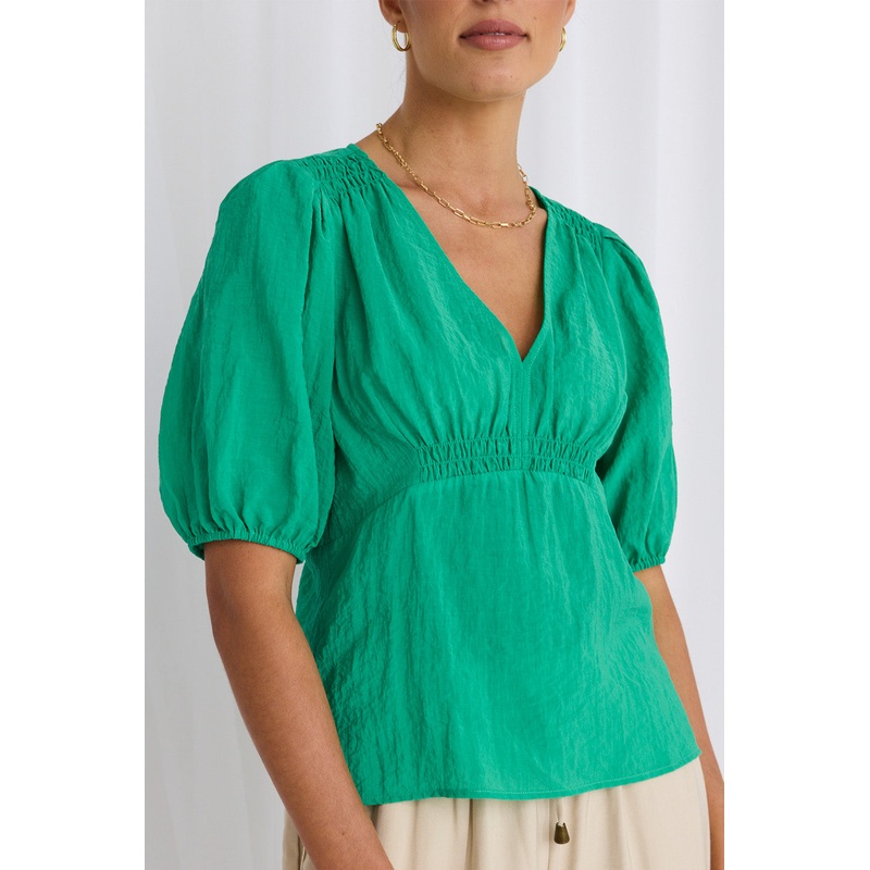 Believer Green Textured SS V Neck Top
