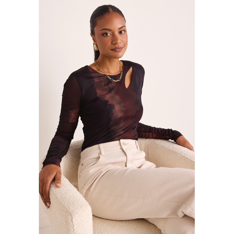 Benefit Chocolate Smoke Gathered Sleeve Mesh LS Top
